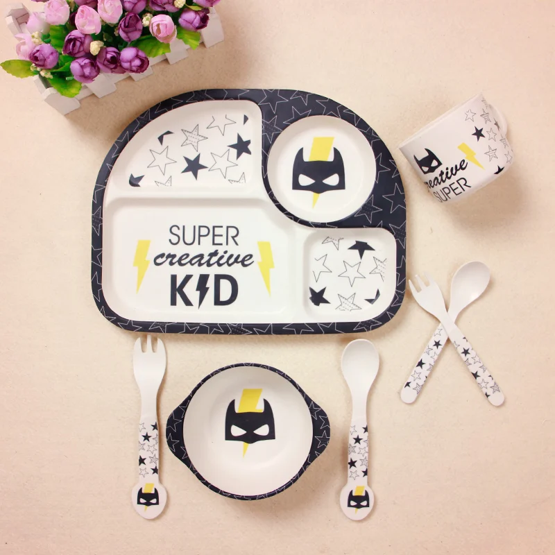 

5Pcs/Sets Baby Bamboo Fiber Plate Children Tableware Dish Bowl Fork Spoon Cup Food Feeding Dinnerware Set Cute Safety For Kids