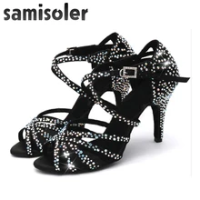 Обувь для латиноамериканских танцев; женская обувь из черного атласа; обувь для танго, джаза, сальсы; стразы; обувь для танцев для женщин; Обувь для бальных танцев; Hig
