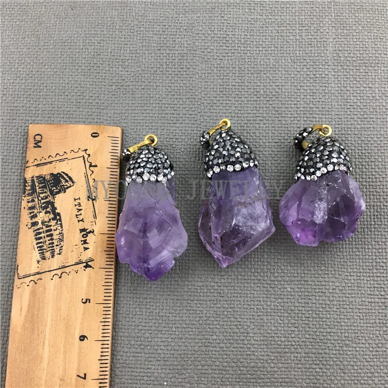 MY0473 Free Form Purple Crystal Point Pendant,Amethysts Nugget Necklace Pendant with Paved Rhinestone Cap and Bail (2)