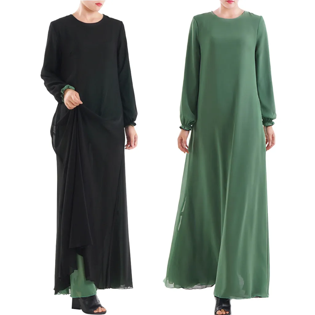Мусульманская женская одежда с обеих сторон Дубай абайя макси платья мусульманская одежда женское Повседневное платье с длинным рукавом и круглым вырезом a417