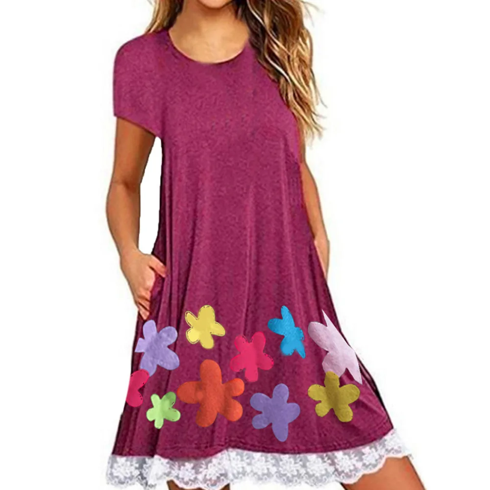 2019 women's summer short-sleeved lace beach dress plus size stitching print casual beach dress long sports dress cover up 40J6 (4)