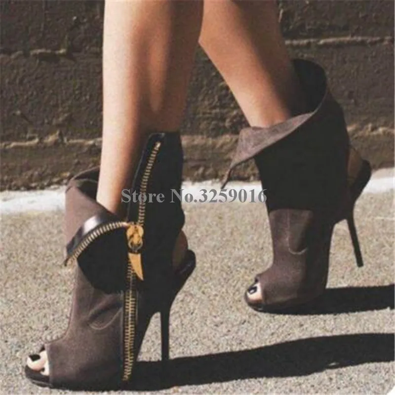 

Brand Design Women Fashion Peep Toe Suede Leather Gold Zipper Thin Heel Short Boots Cut-out High Heel Ankle Booties