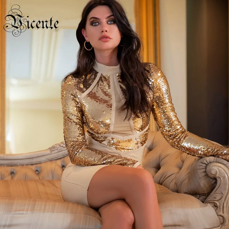 

Vicente 2019 New Chic Golden Sequins Design Long Sleeves Stand Collar Celebrity Party Club Bandage Mini Dress
