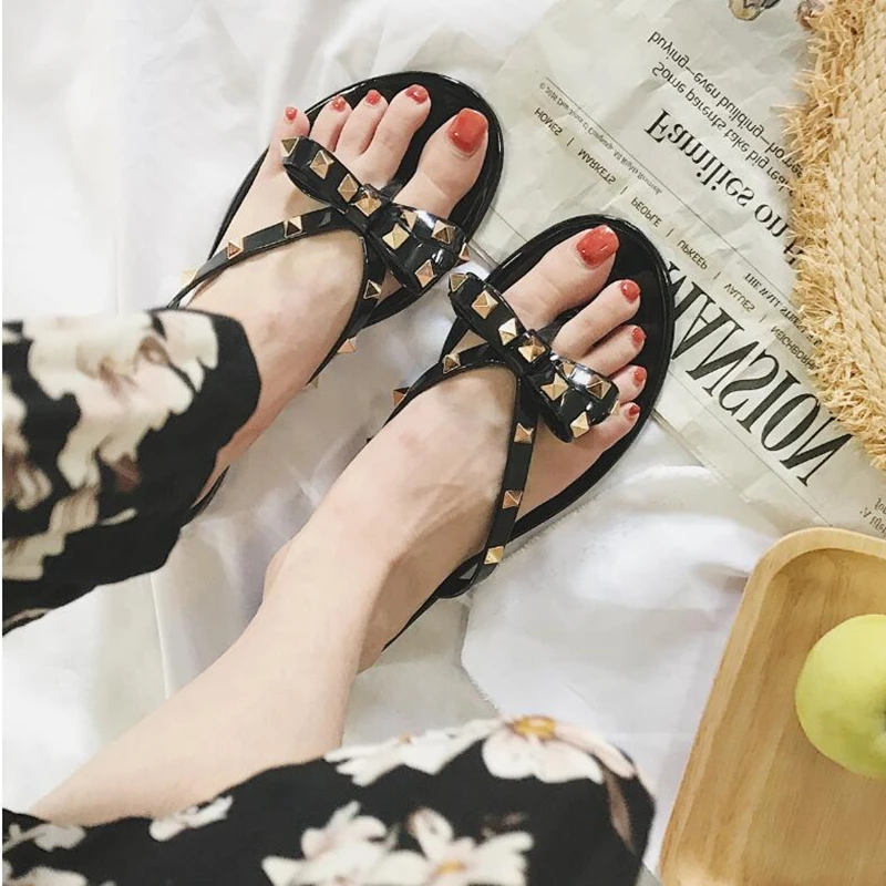 

meifeini summer new rivet flip flops womens flat shoes