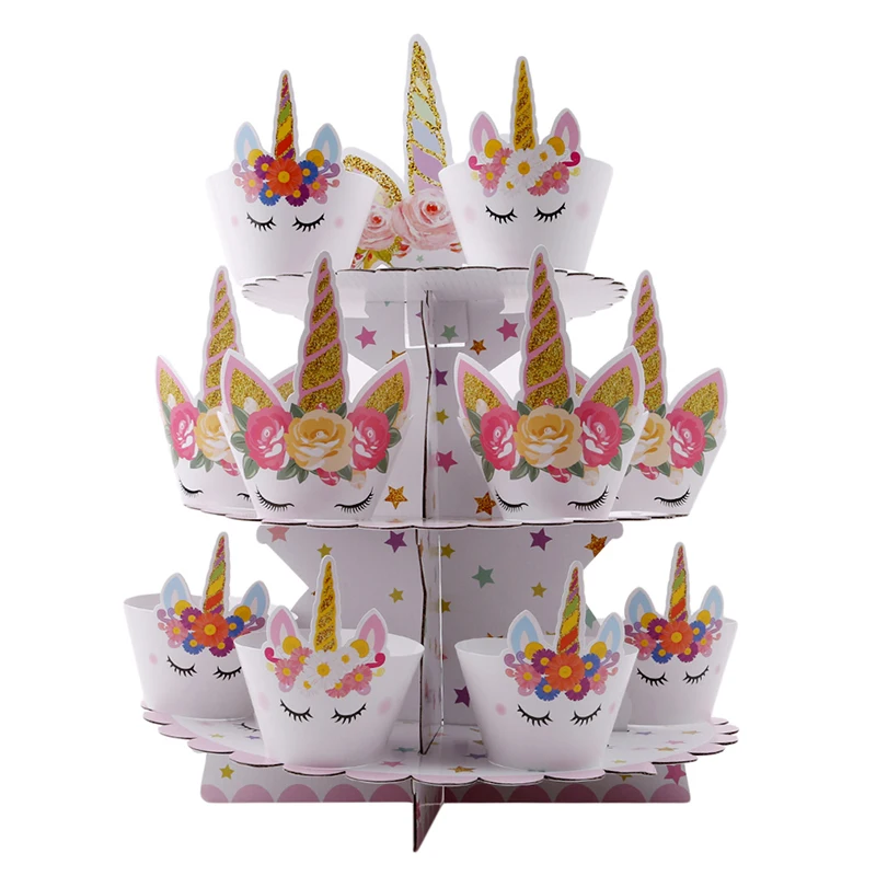 

1set New Unicorn 3 Tier Round Paper Foldable Cake Rack Baby Shower Birthday Party Cake Stand Unicorn Party Decoration