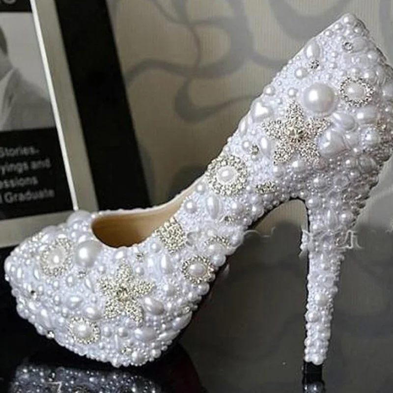 Handmade White 14cm Heel Wedding Dress Shoes Sparkling Rhienstone Bridal Shoes Dancing Party Prom Shoes Evening Dress Shoe