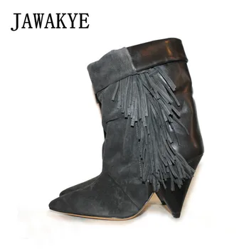 

JAWAKYE Black Grey Tassel Ankle Boots for Women Spike High Heel Boots Suede Autumn Winter Fringed Botas Mujer Wedge Shoes Woman