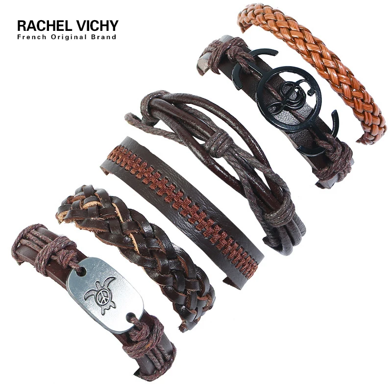 

RACHEL VICHY 6PCS/set Brown Leather Alloy Motorcycle Charm Men Bracelets For Women Femme Homme Male Female Jewelry TZ192