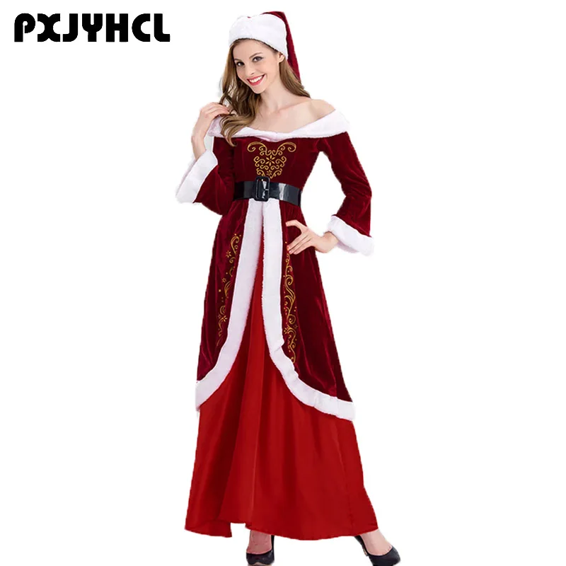 

New Year Christmas Costume For Women Adult Sexy Red Long Dresses Party Fancy Cosplay Clothing Winter Warm Jumpsuit Dress Girl