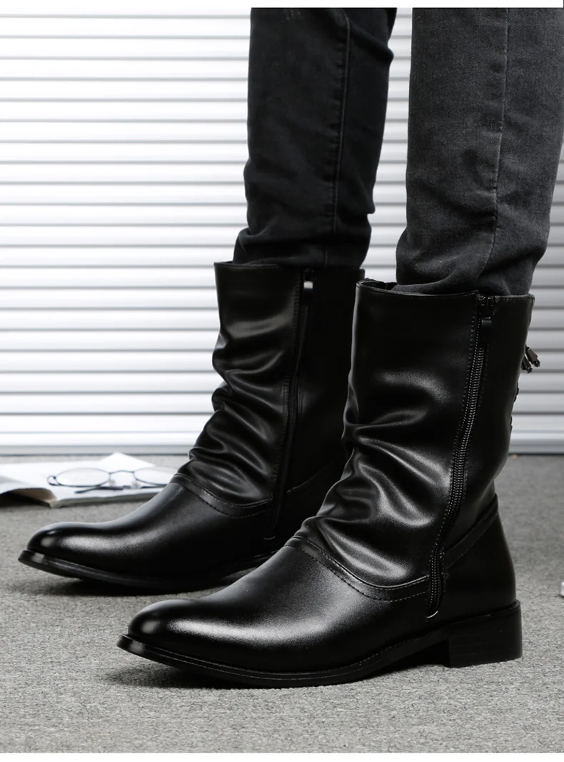 Men's Boots Men Desert Boot Mid-Calf Genuine Leather Boots Men's Zipper Men Winter Shoes Round Toe Motorcycle Boots' Army Black (11)