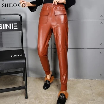 

SHILO GO Leather Pants Womens Autumn Fashion sheepskin genuine leather Pants stretch waist concise front pocket pencil pants