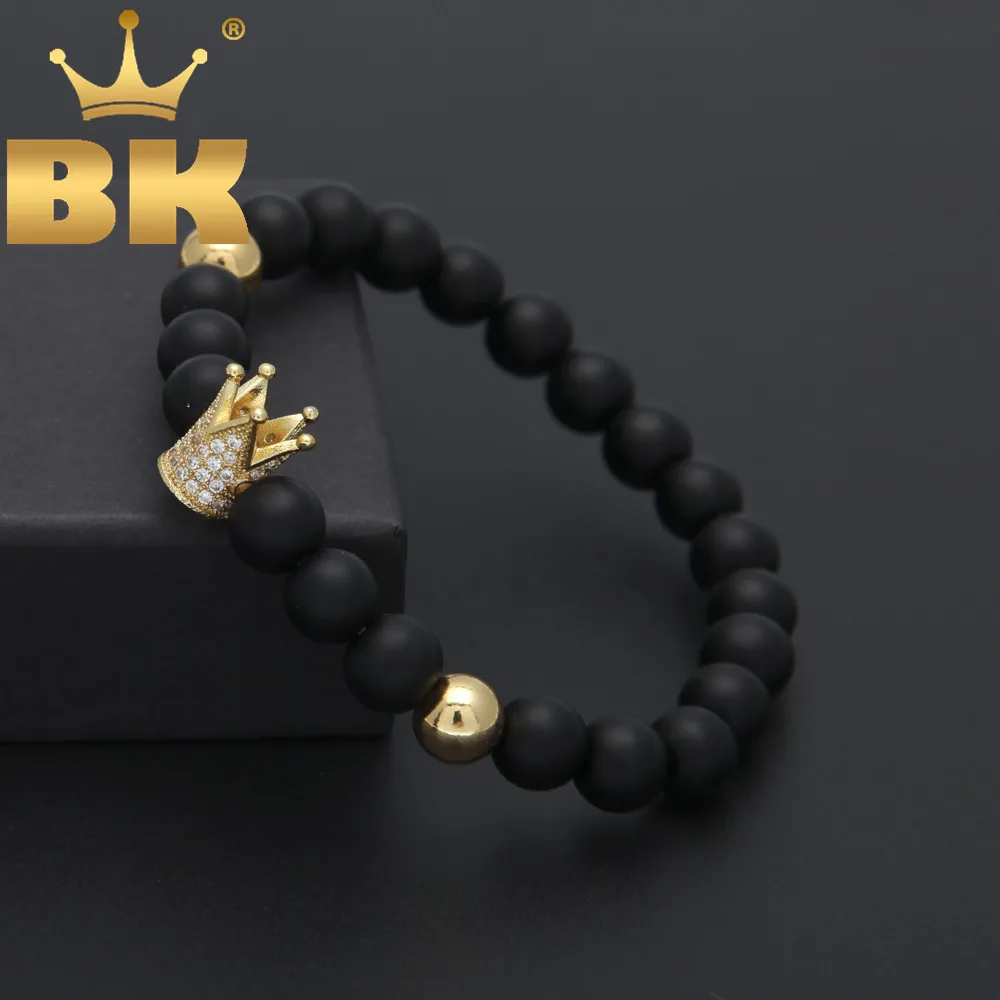 

Charm Nature Stone Bracelet With Micro Zircon King Crown Model 8mm Dull Polish Matte Black Retro Bead Bracelet Men Women