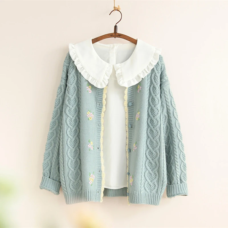 

Japanese Mori Girl Embroidered Floral Winter Knitted Cardigan Sweater PINK/WHITE/BLUE