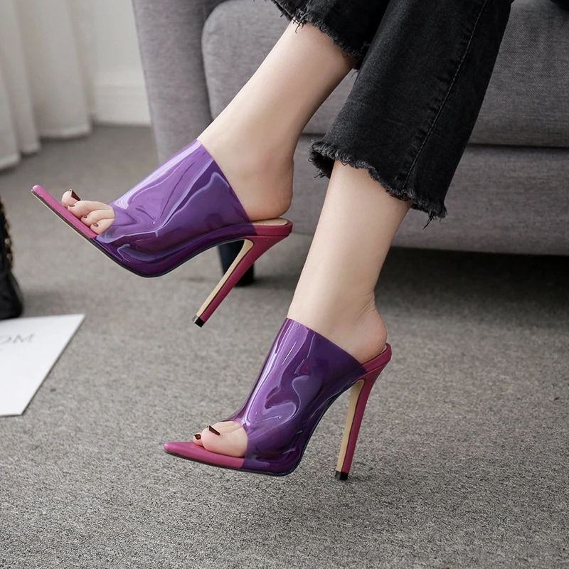 Transparent Candy Color Clear PVC High Heels Pointed Toe Slides Sandals Slip On Stiletto Dress Party Lady Shoes | Обувь