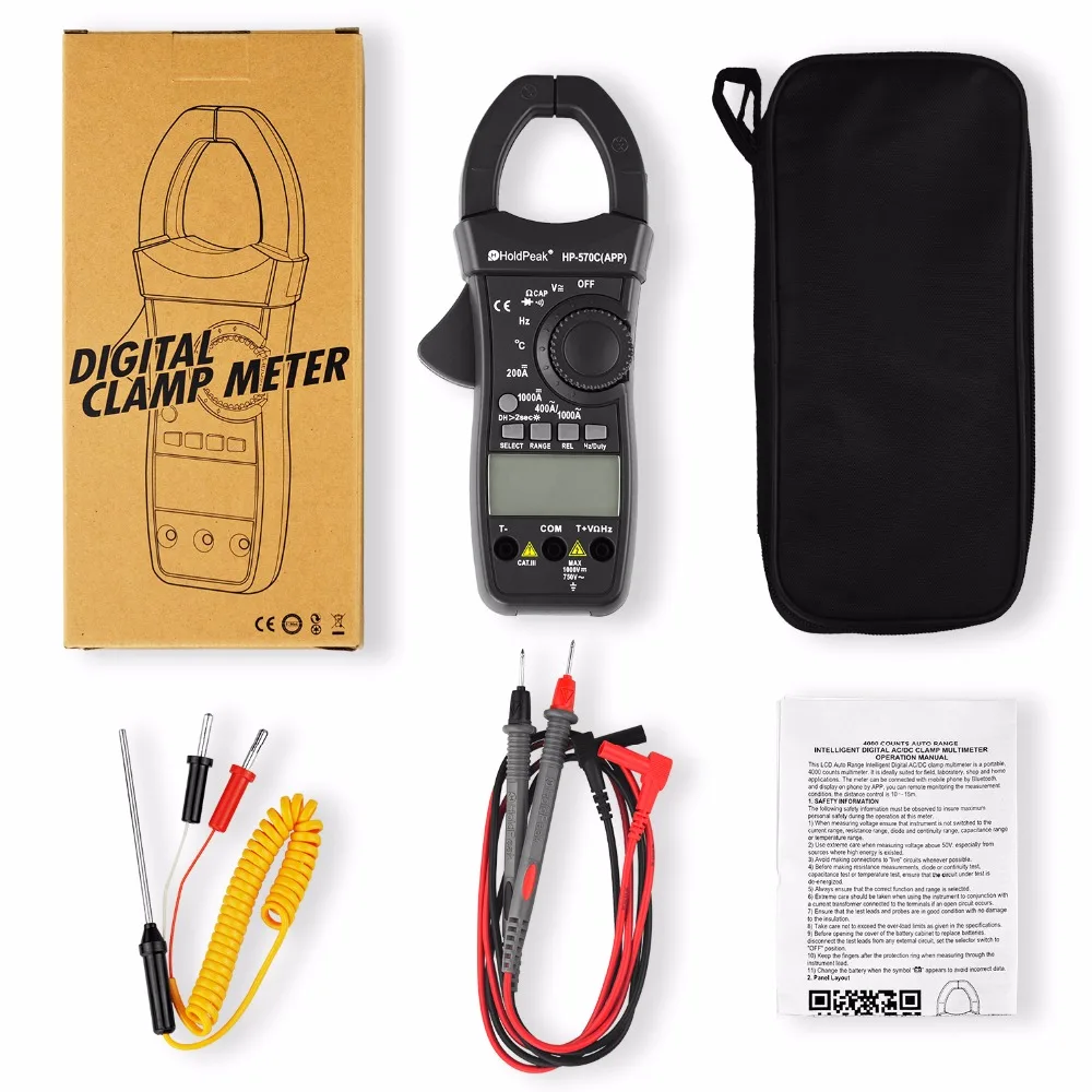 HoldPeak цифровой клещи HP 570C APP 1000A AC/DC тока Напряжение емкость Температура мультиметр