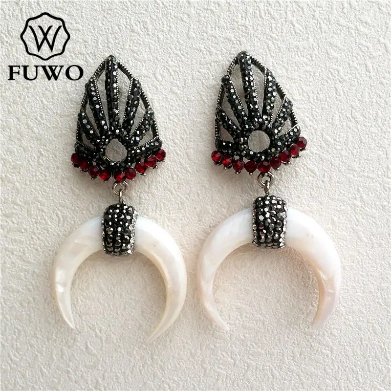 

FUWO Pave Rhinestone Crescent Shaped Shell Earrings Fashion Natural Sea Shell Charm Boho Earrings Wholesale ER1512
