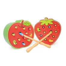 Деревянные детские кубики в виде клубники, забавные магнитные палочки для раннего возраста, развивающие игрушки для ловли червя, цветные когнитивные игрушки, подарок