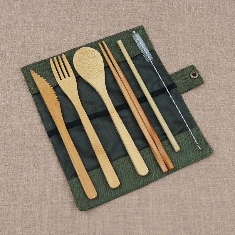 

7Pcs/Set Wooden Bamboo Straw Covered With Cloth Bag Knives Fork Spoon Chopsticks Bamboo Travel Cutlery Set New