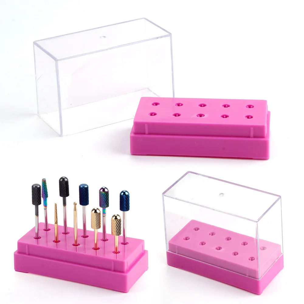 

10Holes Nail Drill Bits Holder Display Standing With Cover Manicure Tool Nail Art Equipment Grinding Heads Displayer Storage Box