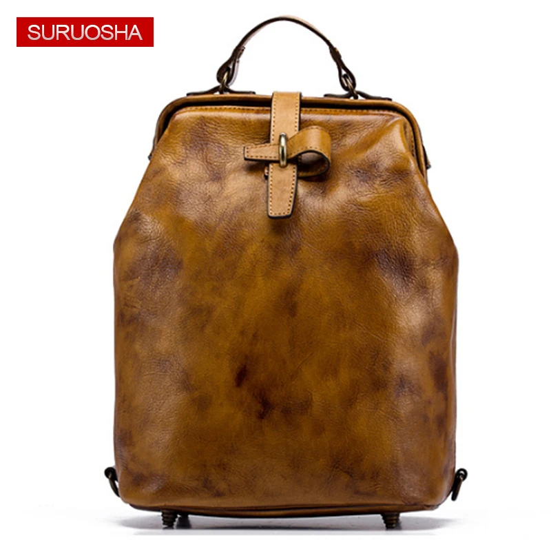 

Vintage Natural Skin Cowhide Daypack Rucksack Travel Knapsack Brush Color Bag Real Leather Women Retro Backpacks
