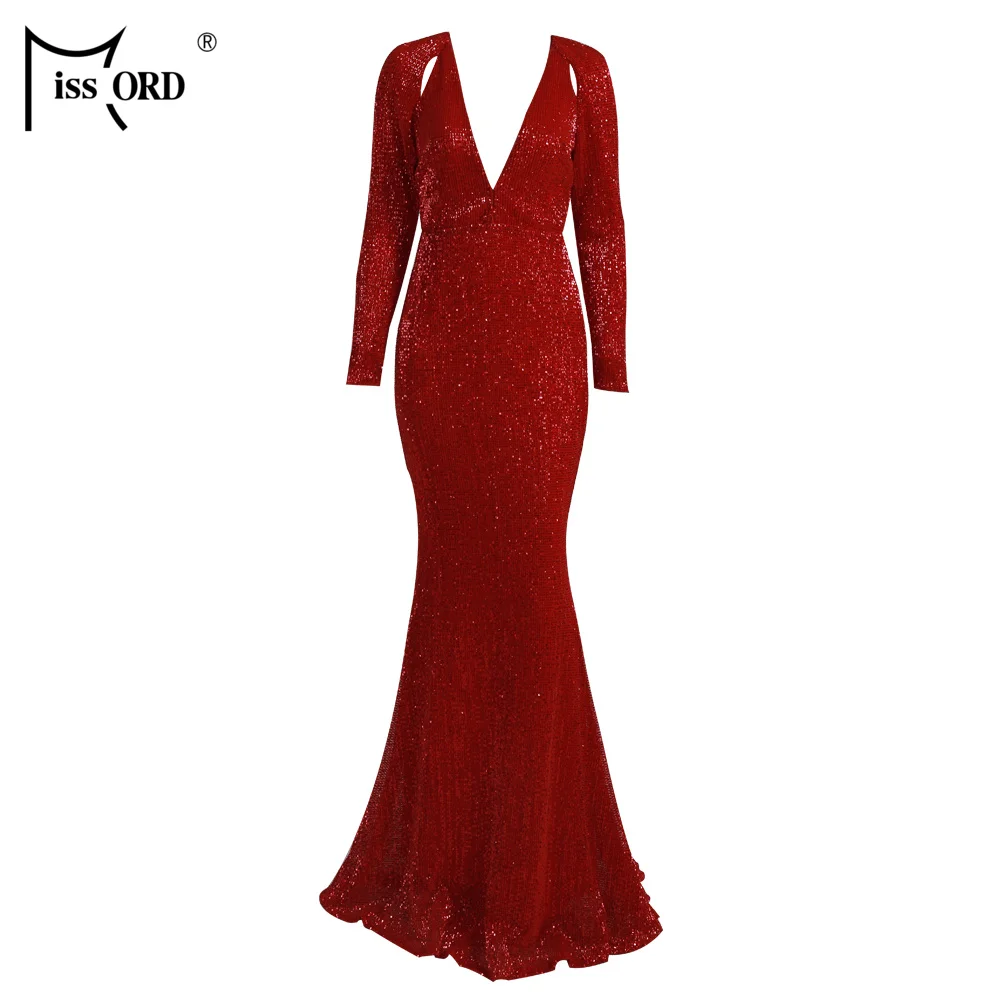 Missord Women Sexy Deep-V Long Sleeve Reflective Dresses Female Solid Color Sequin Maxi Party Dress Vestdios FT18861-1
