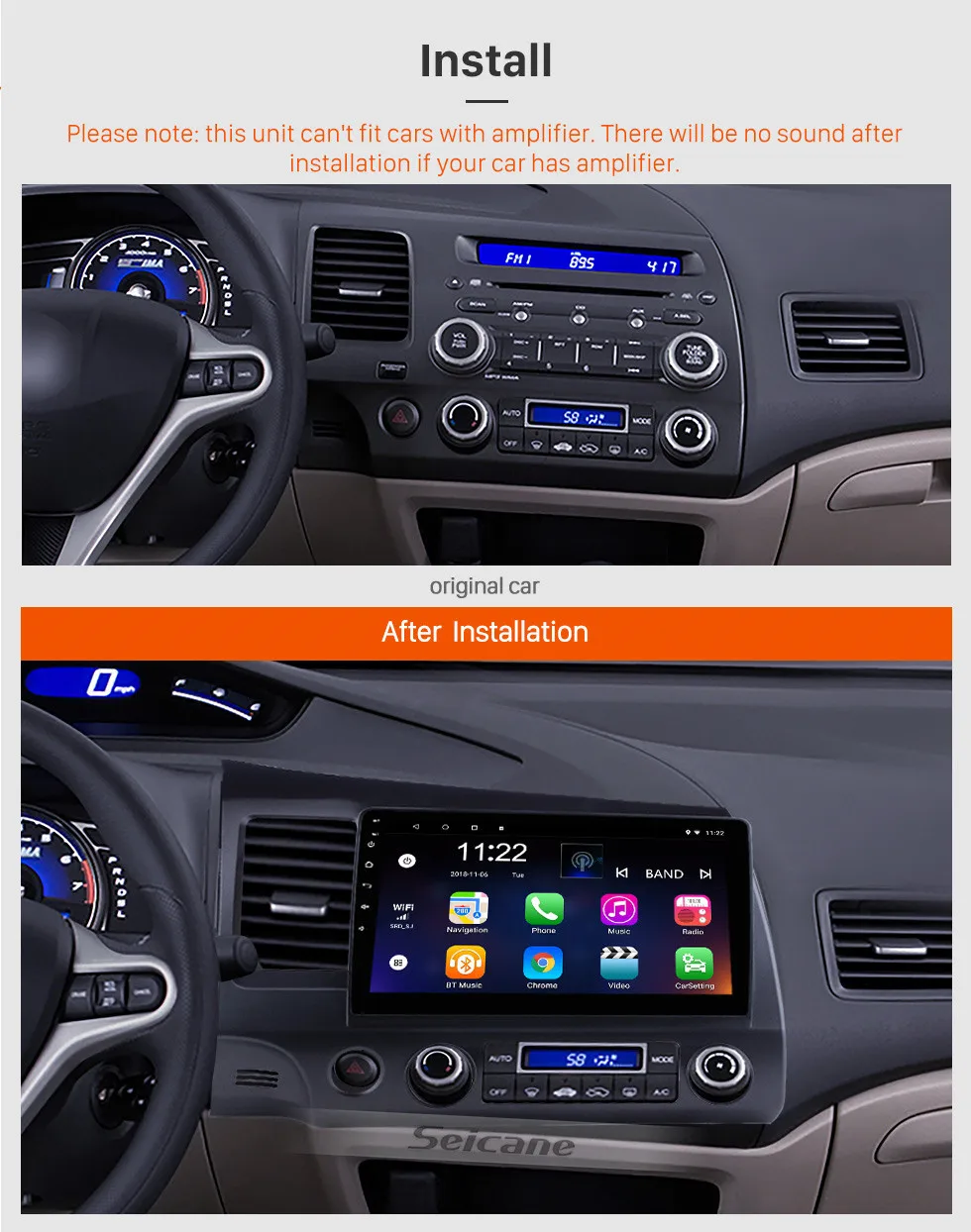 Excellent Seicane 10.1 inch Android 7.1/ Android 8.1 Car GPS Navigation Radio Unit Player for 2006 2007 2008 2009 2010 2011 Honda Civic 3