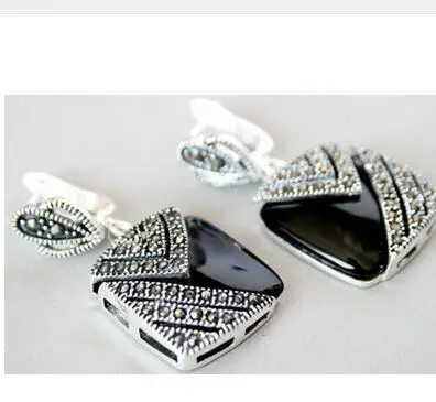 Серьги подвески из серебра 925 пробы с черным ониксом и марказитом серьги