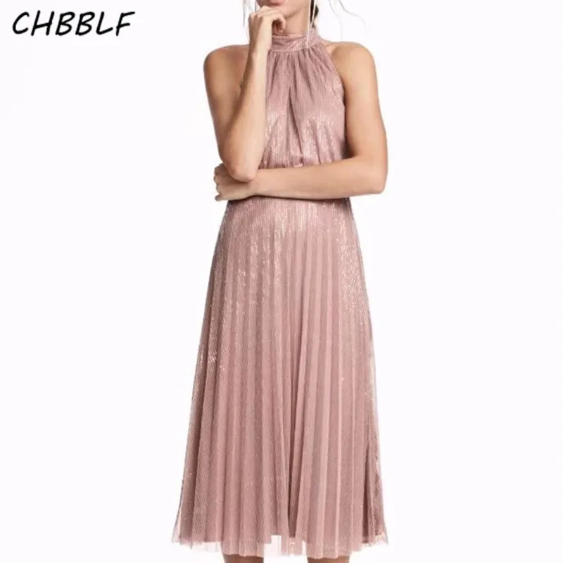 

women fashion Pink sleeveless dress Sequins hanging neck party dress ladies vestidos O5028