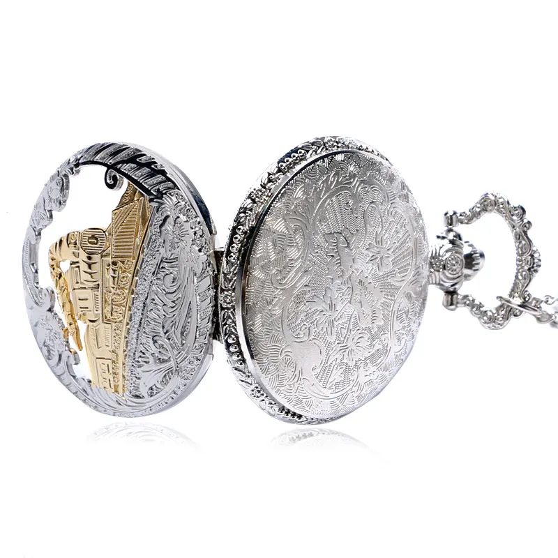 Quartz Pocket Watch Retro Silver Charming Gold Train Carved Openable Hollow Steampunk Men Women Pendant Clock 5