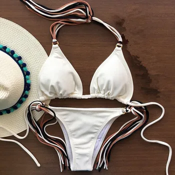 

2019 New Sexy Tassel Swimwear Cut Out Solid Swimsuit Female Bather Micro Thong Bathing Suit Brazil Swim Wear Lady 5013