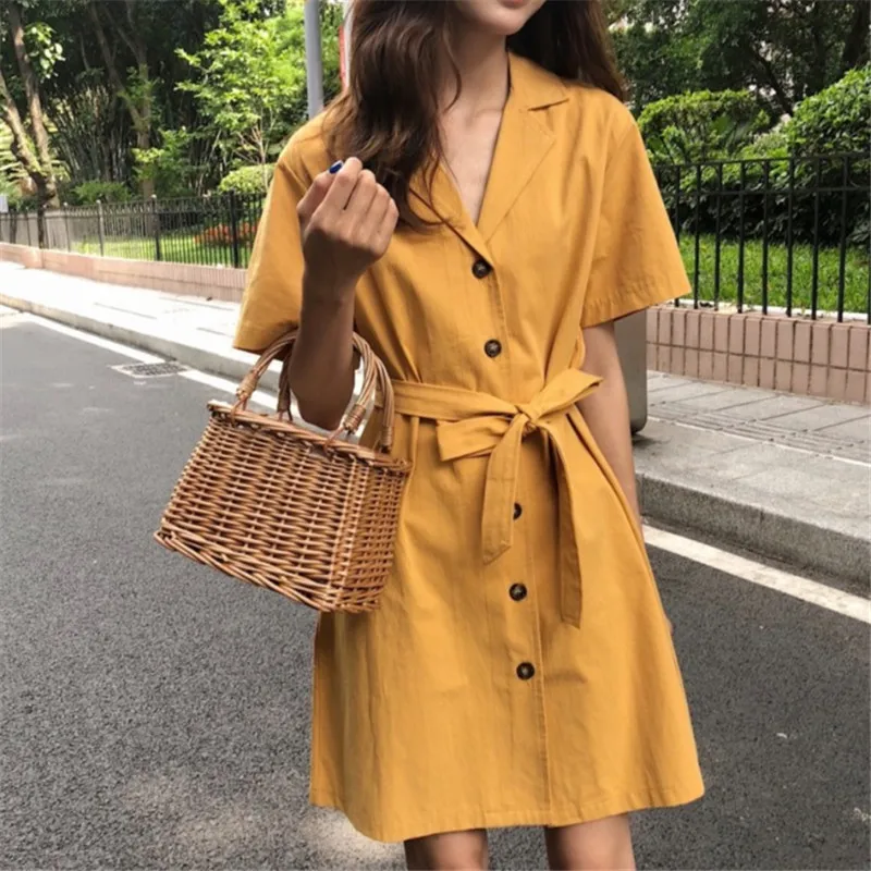 

Women 2019 Summer Fashion Brand France Style Vintage Simple Yellow Belt Short Sleeve Dress Female Casual Cotton Loose Dress