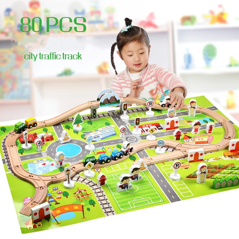 

Children's Intelligence Railway Track Assembled Toys Urban Traffic Scene 80Pcs Wooden Toy Building Blocks Birthday Gift For kid