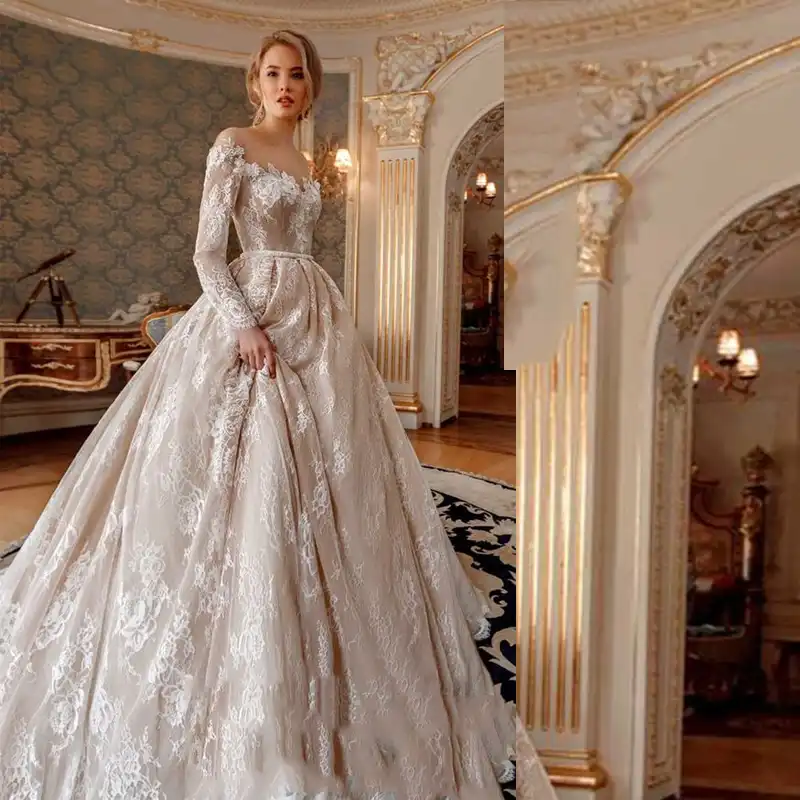 Champagner Spitze Hochzeit Kleid 2019 Langen Armeln A Line Vintage Braut Kleider Illusion Neck Romantische Brautkleider Turkei Stylr Wedding Dresses Aliexpress