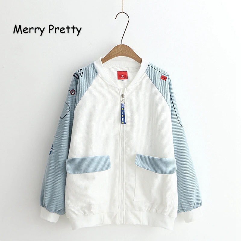 

MERRY PRETTY Women Corduroy Outerwear & Coats 2018 Autumn Hit Color Pockets Fashion Jackets Casual Embroidery Zipper Jacket