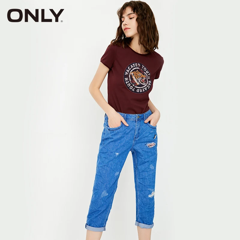 

Only Brand 100% cotton fold design removable badge jeans woman| 116235503