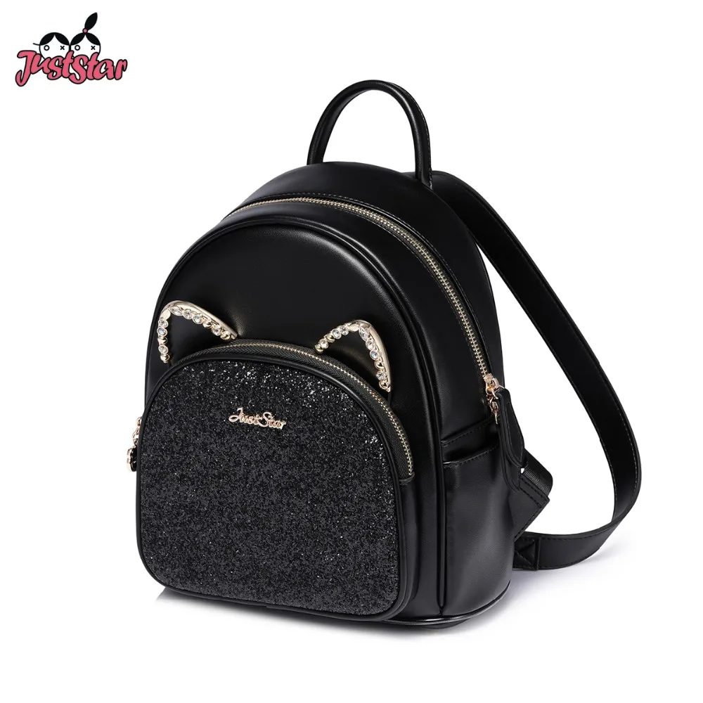 

JUST STAR Women's PU Leather Backpack Female Fashion Cat Ear Diamond Double Shoulder Bags Ladies Travel Rucksack