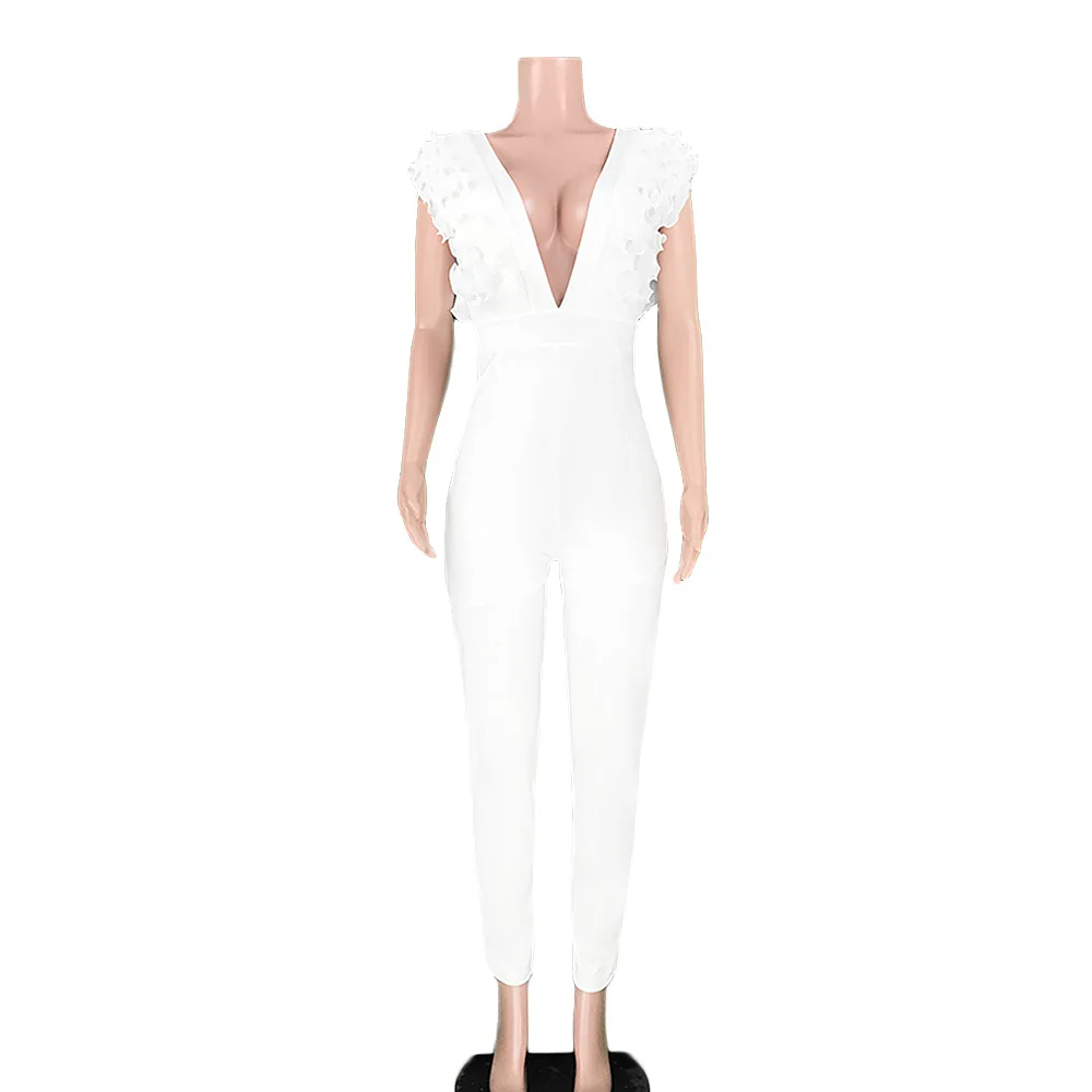 Женский rufflles сплайсинга Глубокий v-образный вырез комбинезон с завышенной талией погружающийся винтажный ночной клуб вечерние сексуальные комбинезоны GLGL6158