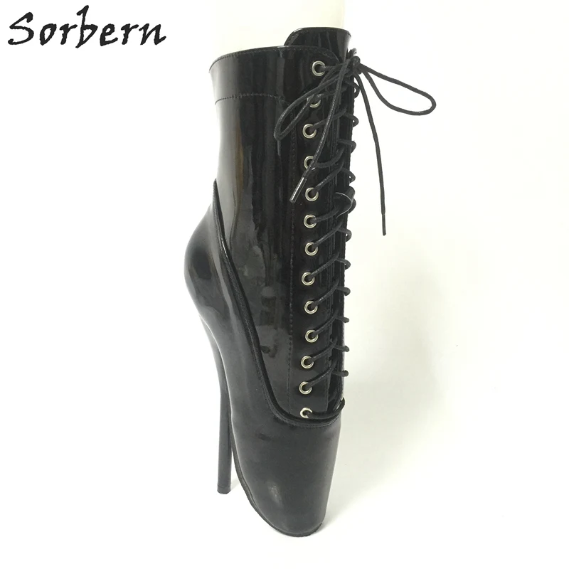 Sorbern Black Shiny Ballet High Heels 18Cm Fetish Shoes Ankle Boots Women Ballet Dance Shoes Short Boots Custom Colors Lace Up sorbern black fetish sexy women shoes boots ankle high stilettos 2018 new women shoes custom colors slip on heel shoes women