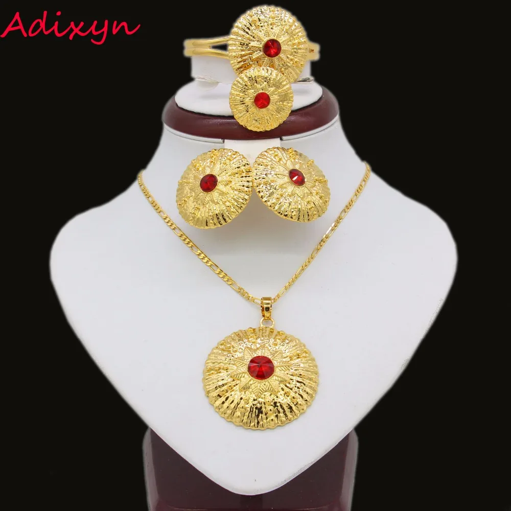 

Ethiopian Red Rhinestone Jewelry Set Gold Color Necklace/Earring/Ring/Bangle/Pendant Eritrea Africa Habesha Wedding Jewelry