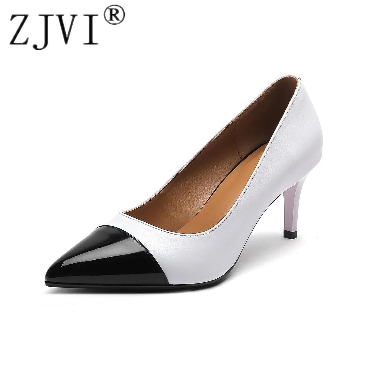 

ZJVI woman genuine leather thin high heels pumps for women summer pointed toe shoes autumn ladies shoes black white 2019