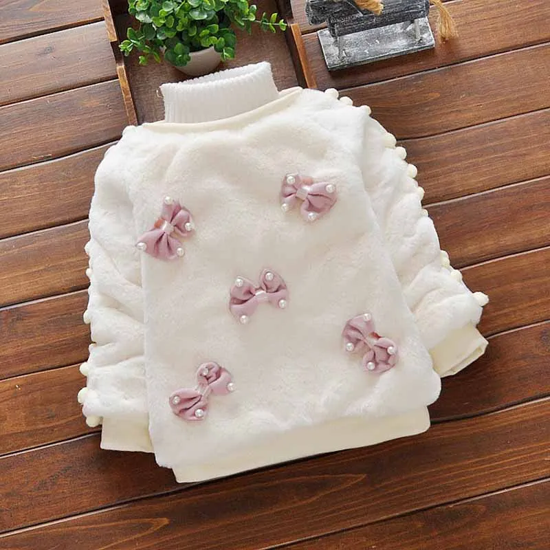 

BibiCola kids baby girls children winter top clothing velvet plus bow cartoon character thick fur baby girls outerwears sweaters