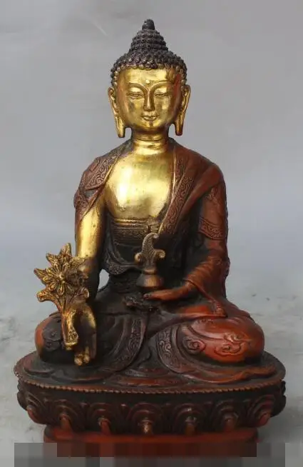 

S01455 9"Chinese Tibet Buddhism Bronze Gilt Medical Medicine Buddha Dragon Bowl Statue (B0328)