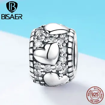 

BISAER Genuine 925 Sterling Silver Heart to Heart Charms Clear CZ Heart Spacer Beads fit for Original Bracelets Jewelry ECC798
