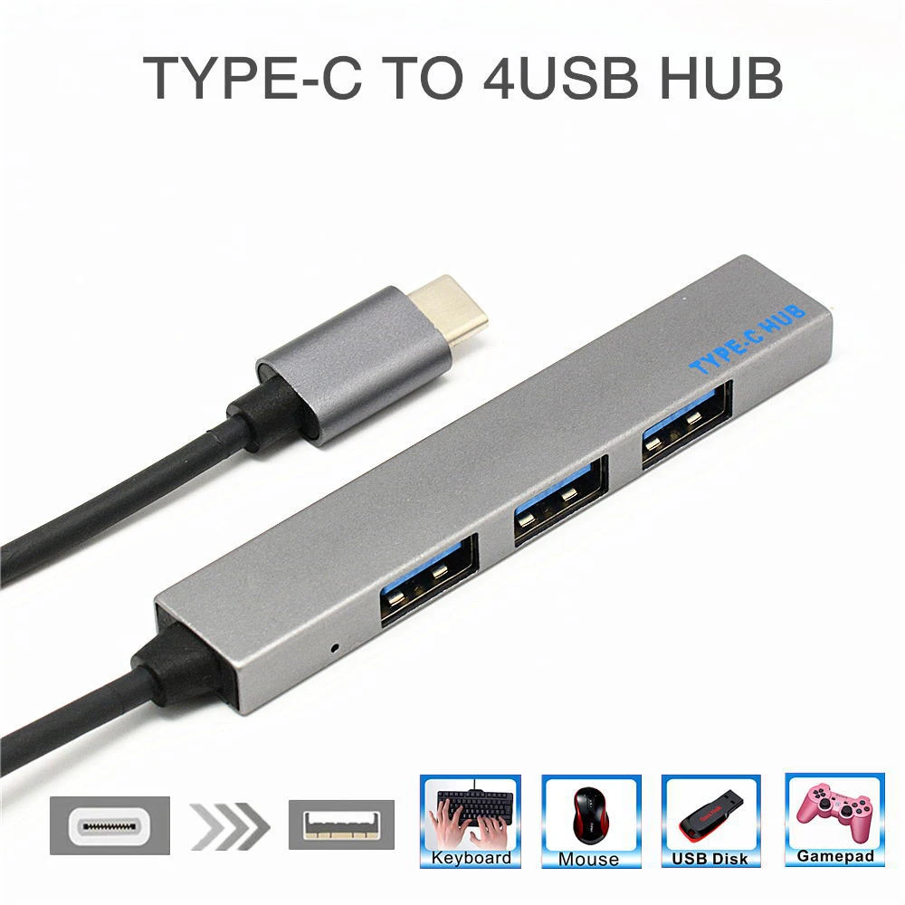 

USB3.1 Type-C Plug to USB 4-Port Concentrator Adapter Power QC Charging Cord Splitter For Mobile Phone Mouse Keyboard Laptop