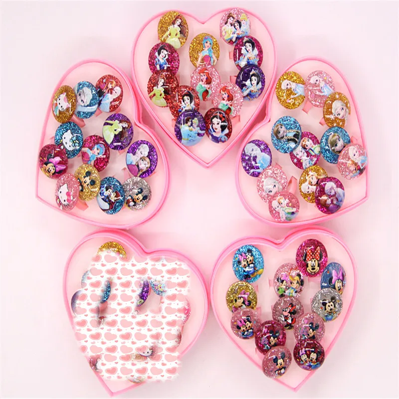 

12pcs Disney cartoon Frozen children ring boxed Elsa princess doll accessories girl boy gift Mickey Mouse kid cosmetic toy ring