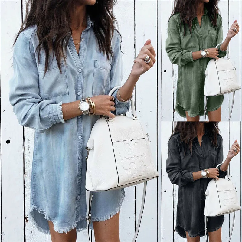 

Fashion Autumn Women Dress Lady Long Sleeve Denim Shirt Dress Casual Turn-down Collar Women Dresses Tassels Loose Party Clothes