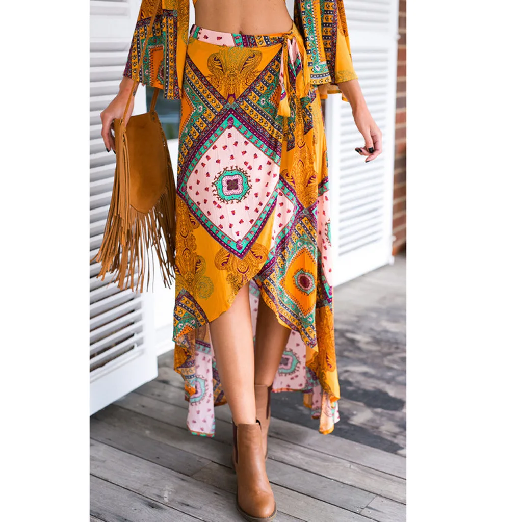 

Ethnic style print long skirt ladies high waist long skirt bow tie 2019 summer sexy split wrap skirt ladies yellow beach#g2
