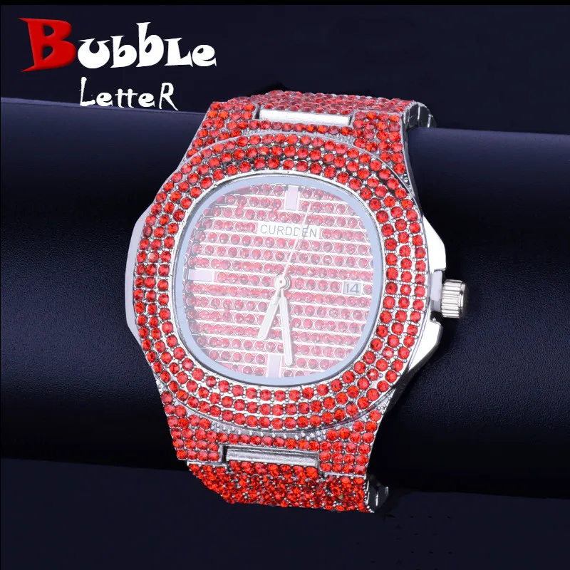 Красные мужские часы с большим циферблатом военные кварцевые часы Роскошные Стразы Бизнес водонепроницаемые наручные часы Relogio Masculino хип-хоп 24 см