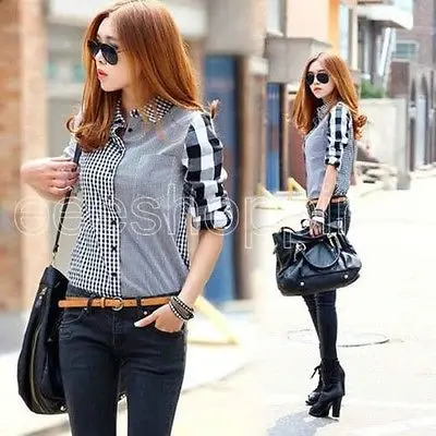 

Plaid Turn Down Collar Shirt Tops 2018 New Spring Autumn arrival Women Loose Long Sleeve Blouses Chiffon