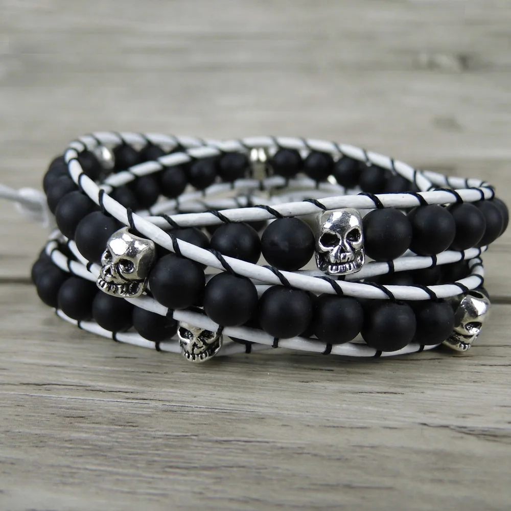 Black matt beads bracelet skull 3 wraps bracelet skull men beads bracelet leather wrap yga